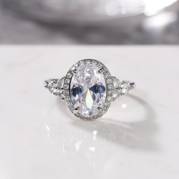 ▶Beautiful Noble Oval Pure CZ Macro Pave Silver Wedding Luxury Rings K936